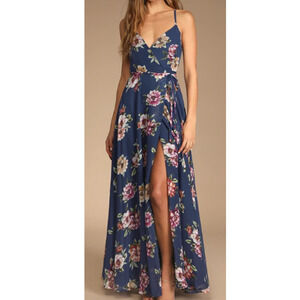 LULU'S XS Always There For Me Navy Blue Floral Print Wrap Maxi Dress NEW B154